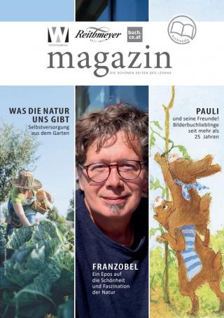Das Cover des Buch-Magazins der Scherz-Kogelbauer GmbH und buchmedia von März 2025. Das Cover ist senkrecht in drei Felder geteilt. Ganz links 