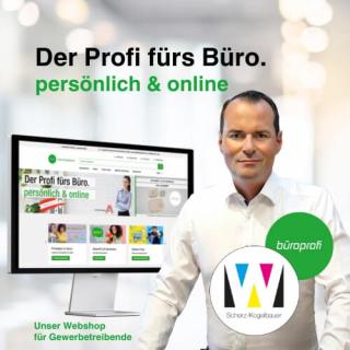 Der Profi fürs Büro - persönlich & online - Unser Webshop für Gewerbetreibende. Auf dem Bild sieht man einen Bildschirm, auf dem die Website des büroprofi geöffnet ist. Daneben sitzt Geschäftsführer Thomas Scherz, ihre Ansprechperson! Der Hintergrund ist verschwommen mit vielen Lichtpunkten - es lässt sich erahnen, dass es sich hierbei um ein lichtdurchflutetes Büro handelt. Rechts unten finden sich die beiden Logos der Scherz-Kogelbauer GmbH sowie des büroprofi.