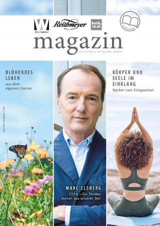 Das Cover des Buch-Magazins der Scherz-Kogelbauer GmbH und buchmedia von März 2025. Das Cover ist senkrecht in drei Felder geteilt. Ganz links 