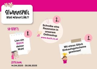 Der Hintergrund ist beige, oben befindet sich ein pinker Balken. In einem weißen Feld mit grafischen rosa Blumen steht 