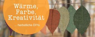 Auf dem Bild sind gebastelte Blätter aus Stoff auf einer Schnurr zu sehen. Links, in einem orangenen Kreis steht folgender Text: Wärme, Farbe, Kreativität ... herbstliche DIYs

© Canva: Designecologist von Pexels