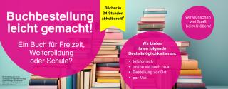 Auf dem Bild sind drei verschieden große magenta farbige Kreise zu sehen mit Informationen über die Möglichkeiten der Buchbestellungen. Im Hintergrund ein Bild von einem Bücherstapel. 
Zu lesen ist: Buchbestellung leicht gemacht! Ein Buch für Freizeit, Weiterbildung oder Schule?  Wir bieten Ihnen folgende Bestellmöglichkeiten an: telefonisch, online via buch.co.at, Bestellung vor Ort und per Mail. Wir wünschen viel Spaß beim Stöbern! Bücher in 24 Stunden abholbereit!¹ 
¹ Bei Bestellung bis 10 Uhr vormittags am folgenden Werktag (außer Montag)  im Geschäft. Abhängig von Verfügbarkeit und Verlagsauslieferung.

© Canva: luthfil aziman effendi von Gambar 