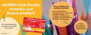Auf dem Bild sind Informationen zum SKRIBO-Club zu lesen. Das Design enthält viele orangene Elemente. Im Hintergrund sind bunte Farbstifte zu erkennen. Auch die SKRIBO-Club-Karte ist abgebildet. 

© Canva: Claudia Nass von Getty Images