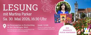 Das Design ist in rosa gehalten. Der Text vermittelt die Informationen zu der Lesung von Martina Parker. 

Portraitbild: © Oliver Topf, Kirchenbild: Wiener Alpfen/Walter Strobl 